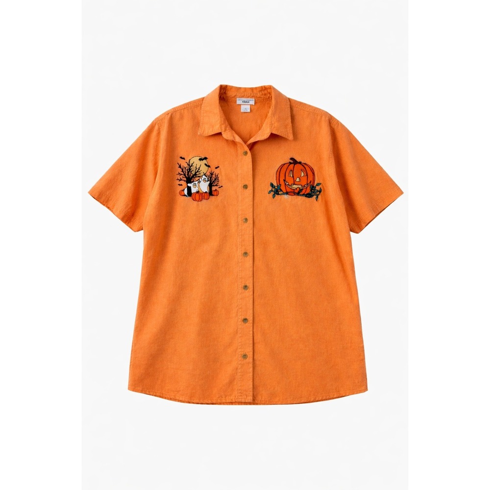 Crystal Springs Orange Halloween Embroidered Button Down Shirt XXL Cotton Ghost